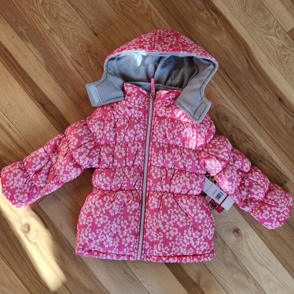 NWT Pink Platinum Girls Winter Puffer Hooded Lined Coat - Pink Floral - Size 4 - Picture 1 of 6